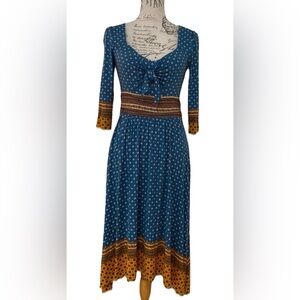 Anthropologie Maeve Blue Beloved Tie Front 3/4 Sleeve Midi Dress Size Small